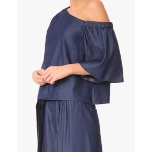 NEW Tibi One-Shoulder Chambray Bell Sleeve Top 0